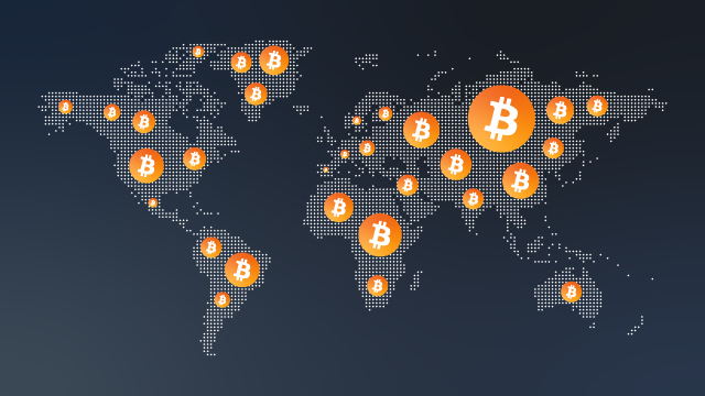 Global Map with the Bitcoin logo placed across all countries